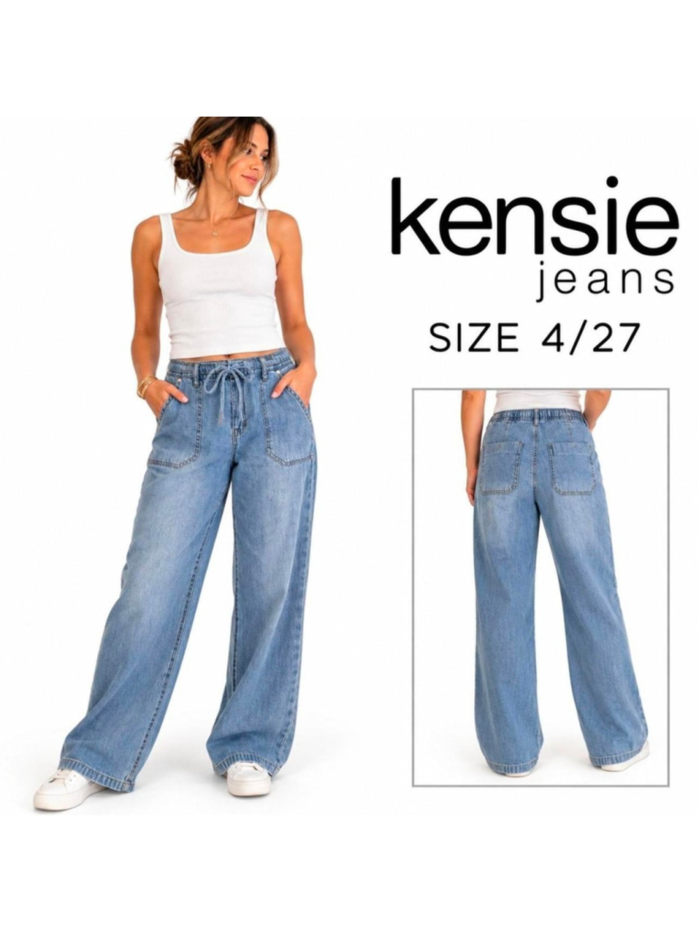 Kensie Jeans Light Wash Drawstring Utility Wide Leg Jeans Size 4/27
